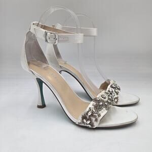 Betsey Johnson Rhinestone Embellished Strappy Open Toe Satin Heels Sz 9 Wedding
